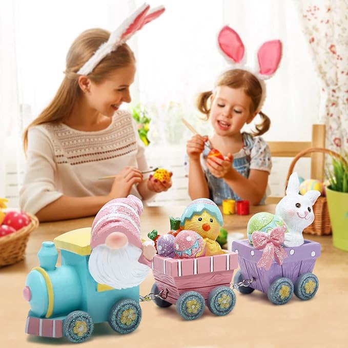 Hodao 8.75" Easter Gnomes Train Decorations, Spring Bunny Handmade Train Figurines for Easter Party Table Top Figurines (Multicolor)