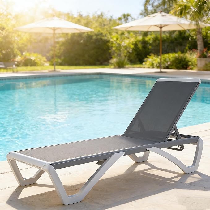 Kozyard Outdoor Chaise Lounge Chair, Full Flat Adjustable Patio Lounger with Aluminum Frame & Resin Legs, Textilene Fabric for Poolside, Backyard & Beach (Gray)