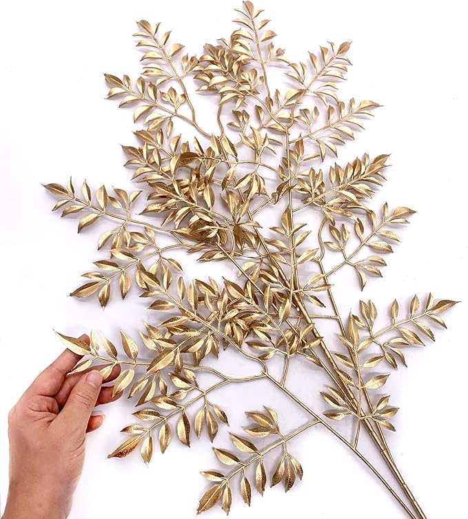 CATTREE Gold Leaves Branches Artificial Plants for Christmas Decor 30" Tall 2 Pack, Fake Shrubs Simulation Golden Leaf Faux Indoor Outdoor Planter Filler Hotel Hall Wedding DIY Decoration
