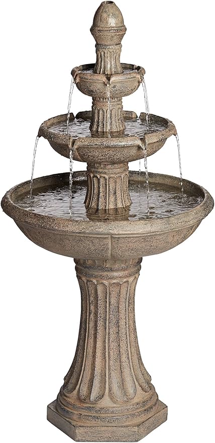 Farron 46" High Large Italian Outdoor Decor Gray Faux Stone Floor Fountain with Light LED Waterfall 3-Tier Standing Basin Water Feature for Outside Garden Patio Yard Backyard Porch - John Timberland