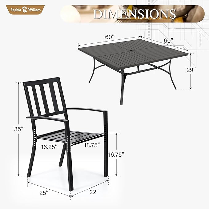Sophia & William Patio Table and Chairs Set, Outdoor Dining Set for 8, 9 Piece Metal Patio Furniture, 60" Black Square Table(Stripe)