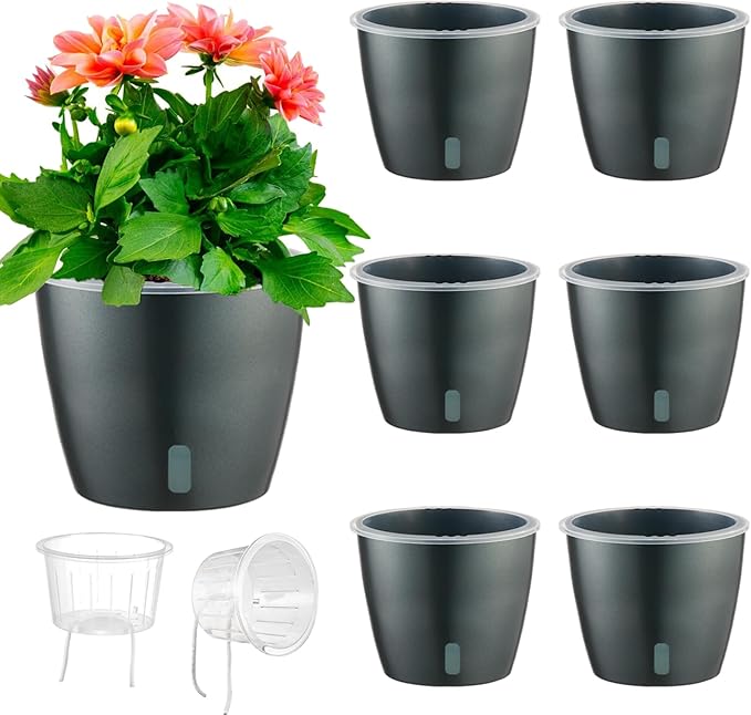 KvyusFlourish Self Watering Pots for Indoor Plants, 6-Pack 6.7'' Self Watering Planter with Drainage Holes, Small African Violet Pots with Water Indicator, Clear Wick Orchid Pot, Grey