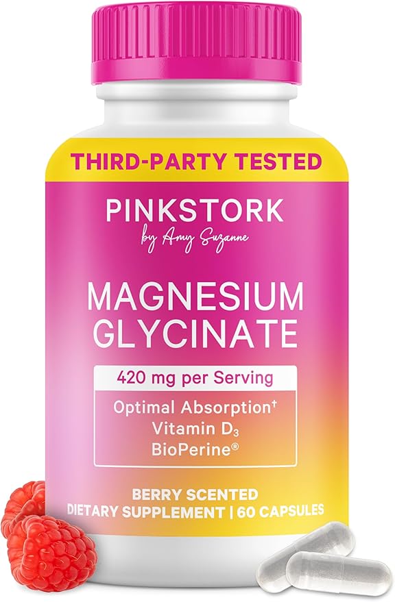 Pink Stork Magnesium Glycinate with Vitamin D - Magnesium Supplement for Women to Support Natural Calm, Mood, and Sleep - Hormone Balance for Women - 60 Capsules, Berry Essence, 1 Month Supply