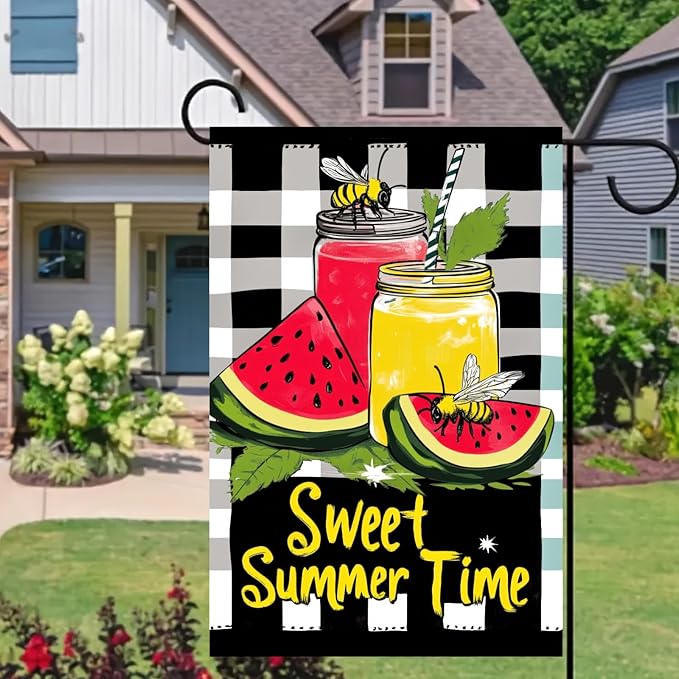 Sweet Summer Time Garden Flag Watermelon Buffalo Plaid Lemon Welcome Small Flags for Outside Double Sided Juice Seasonal Banner Farmhouse Outdoor Yard Decoration 12x18 Inch