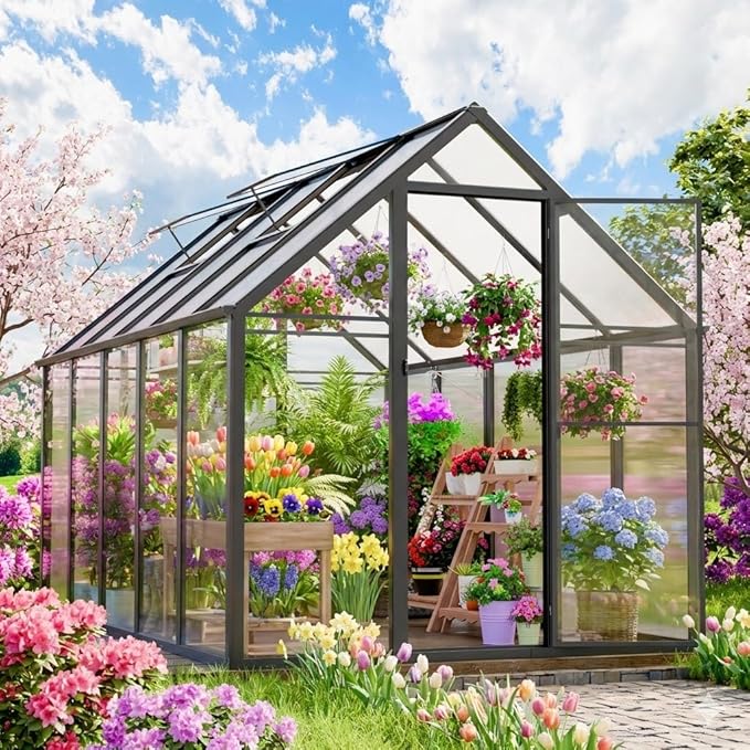 WACASA 8x6x6 FT Greenhouse for Outdoors, Easy Assembly Aluminum Frame Polycarbonate Greenhouse Kit with Vent Window, Swing Door, Walk-in Sunroom for Backyard Garden