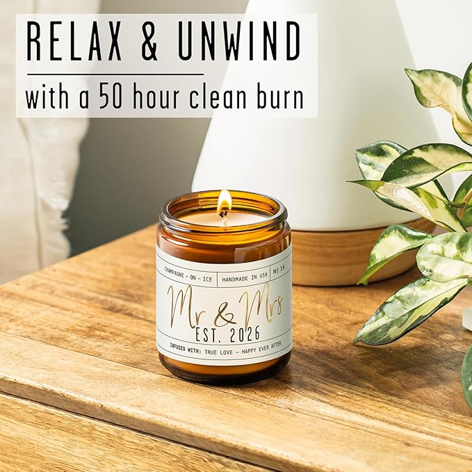 Wedding Gifts for Couples 2026, Bridal Shower Gifts from Bride - 'Mr and Mrs Est. 2026 Candle, w/Champagne on Ice I Wedding Shower for Newlyweds I 50Hr Burn, USA Made