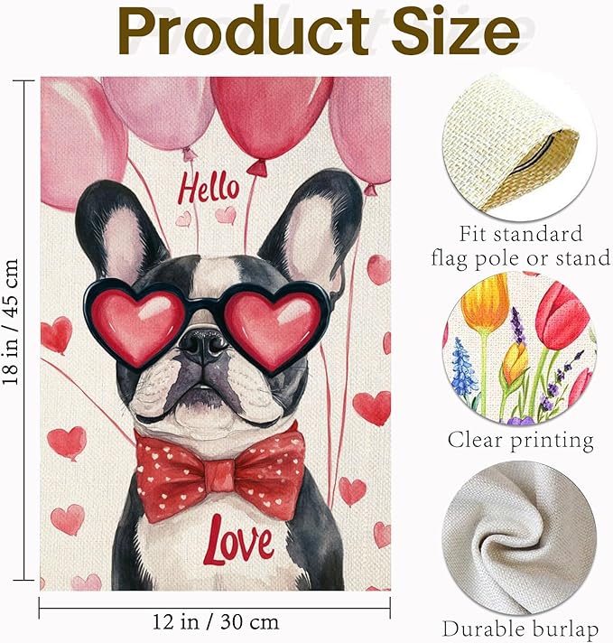 Valentine's Day Bulldog Hello Love Garden Flag, House Yard Plaid Love Heart Outside Decoration, Spring Holiday Wedding Anniversary Outdoor Small Decor 12x18(12637)