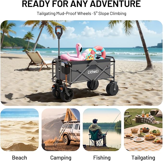 Litheli Electric Collapsible Wagon Cart with Brakes, 100L Grocery Cart with Wheels,Easy to Carry Folding Wagon for Camping, Gardening, Shopping