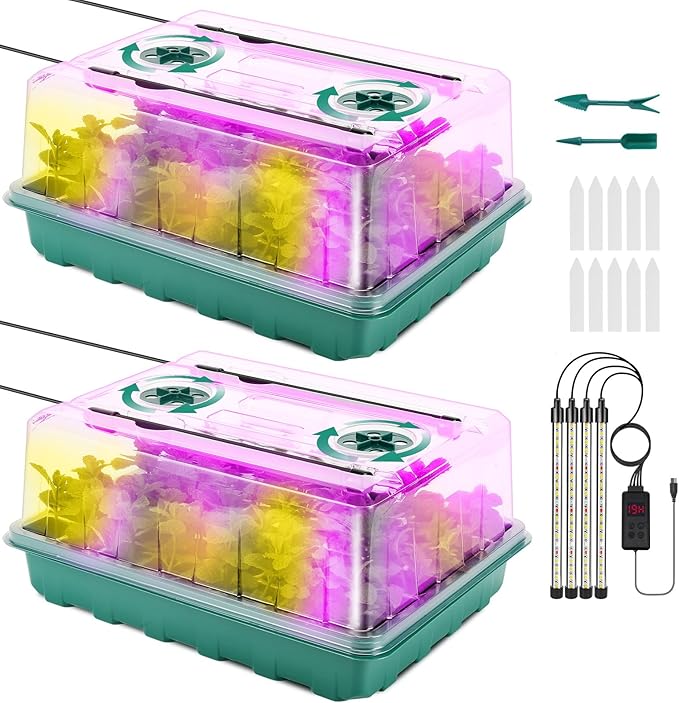 Upgraded 96 Cells Seed Starter Tray with Grow Light, Seed Starter Kit with Adjustable Humidity Dome, Seed Starting Trays Plant Starter Kit for Seeds Growing Starting, Indoor Gardening, Greenhouse