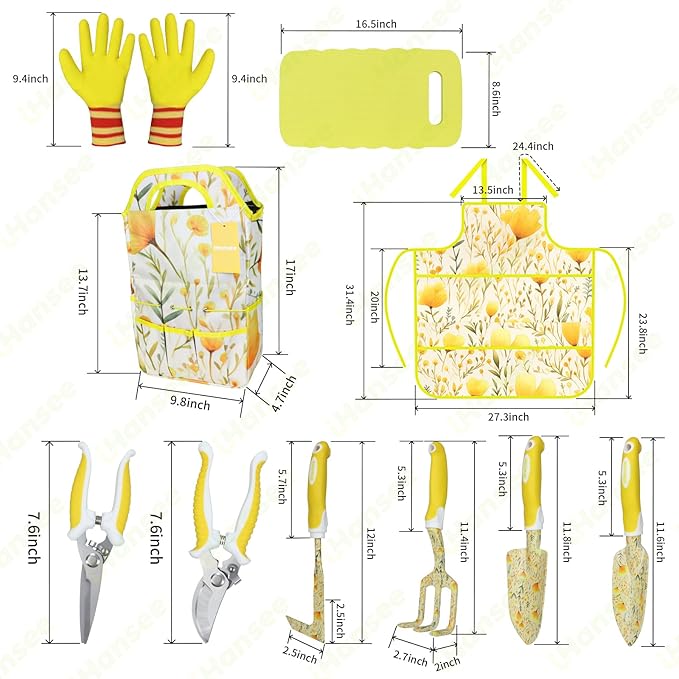 iHansee 10-Piece Yellow Gardening Tools, Thanksgiving/Christmas/White Elephant Gifts for Women Adults, Birthday Gardening Gifts for Mom Grandma Gardener Wife, Floral Garden Tool Sets with Garden Tote