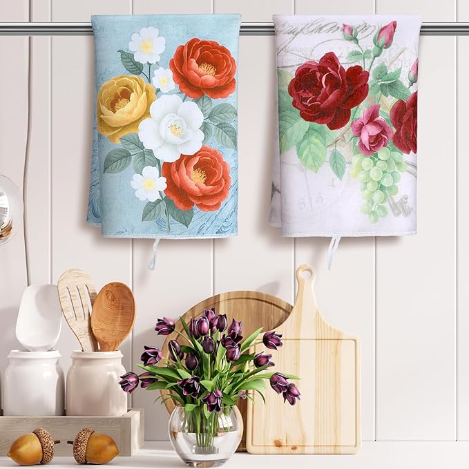 Bencailor 16 Pcs Spring Floral Kitchen Towels Bulk Flower Dish Hand Towels Ultrafine Fiber Absorbent Wildflower Tea Cloths for Kitchen Bathroom Decor, 16 x 24 Inch