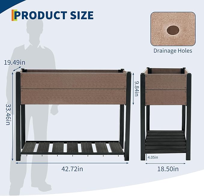 42" l x 33"h HDPE Elevated Garden Bed with Storage Shelf - Wood Grain Finish, All-Weather Standing Planter Box with Sturdy Black Aluminum Frame for Vegetables, Herbs on Patio, Balcony & Outdoors