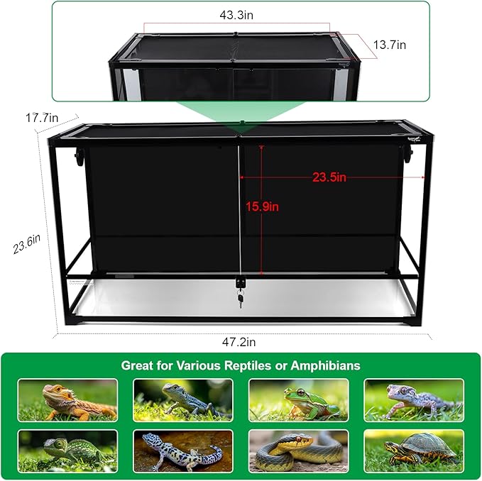 67 Gallon Reptile Tank Large Full Glass Terrarium, Bearded Dragon Tank Front Opening Reptile Enclosure Cage with Anti Escape Ventilated Top Lid for Snake Gecko Lizard Turtle 48''x18''x18''