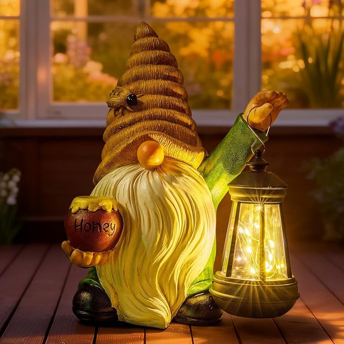 12.3''Solar Garden Gnomes Outdoor Decor Honey Bee jar Gnome Statues with LED Lantern Xmas Patio Lawn Yard Art Decoration Birthday Christmas Gardening Gifts for Mom Dad, Bee Gnome