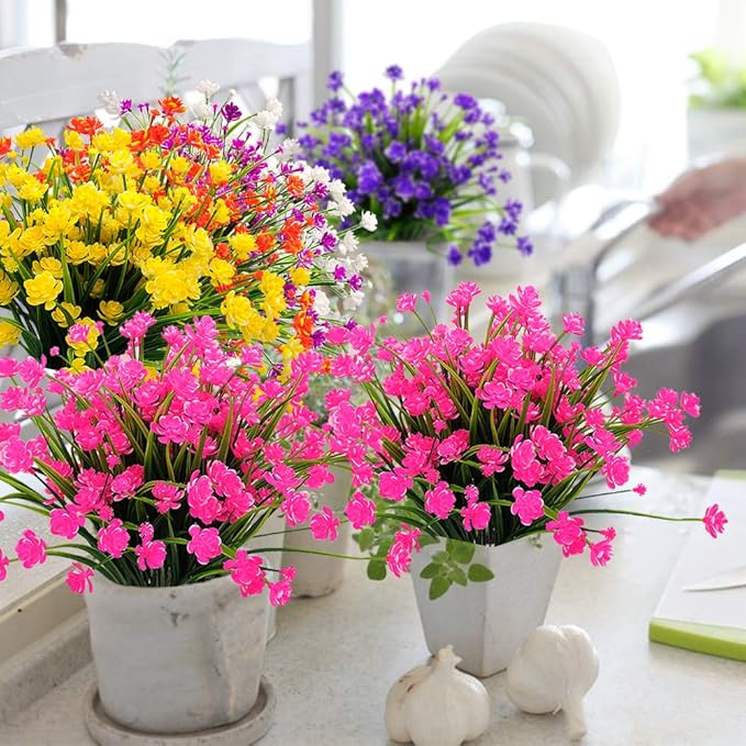 Grunyia Artificial Flowers Outdoor UV Resistant Fake Plants Indoor Outside Hanging Planter Home Garden Decor, 10 Bundles (Pink)