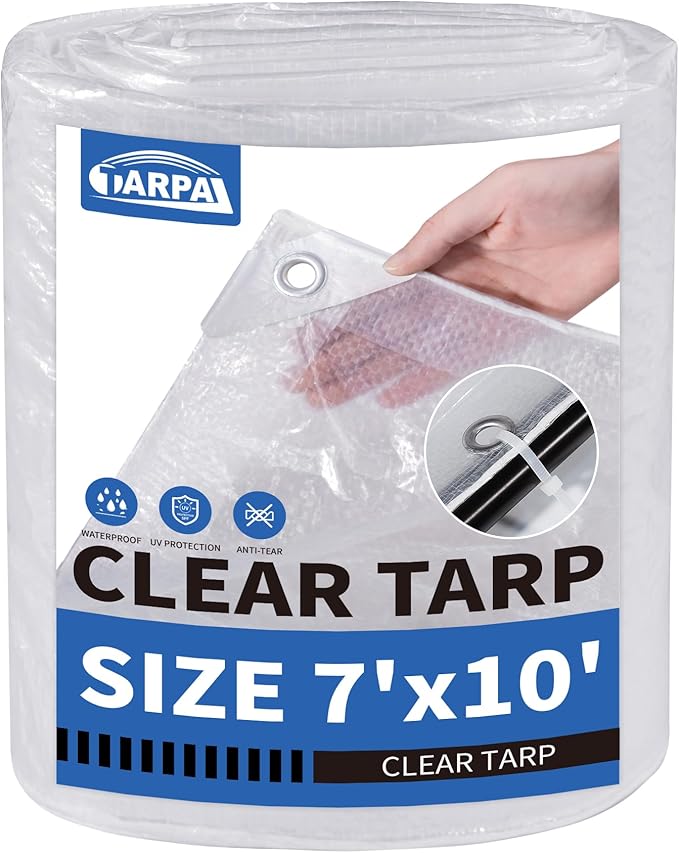 TARPAL Semi Clear Tarp 7x10ft Small Tarp Waterproof Clear Plastic Tarps with Grommets and Reinforced Edges for Patio,Porch and Outdoor Plant,Chicken Coop,Garden,Cat Litter