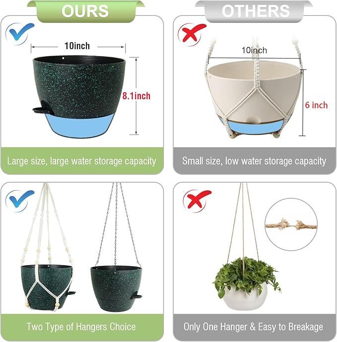 Meowell 10 inch Self Watering Hanging Planters, 2 Pack Hanging Flower Pots for Indoor Outdoor Plants, Hanging Baskets with Drainage Holes & 2 Kinds of Plant Hangers for Home Decor, Speckled Black