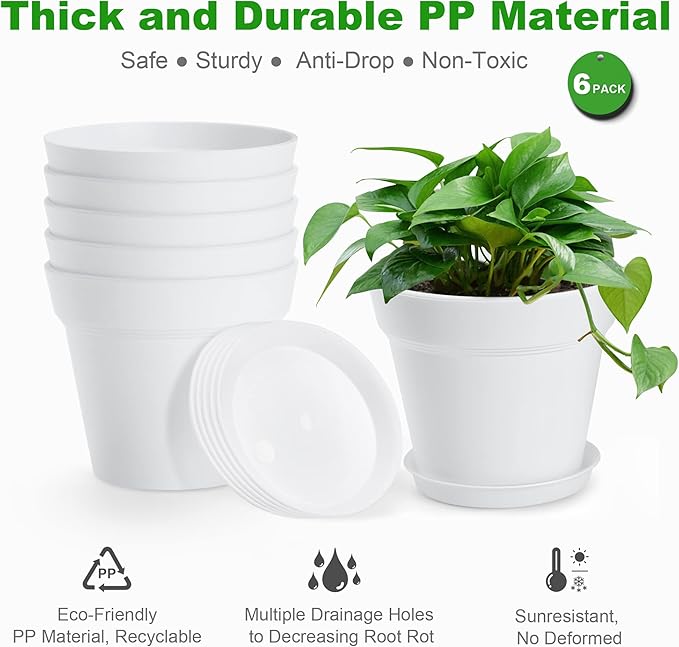 FHWTY 4 Inch Plastic Plant Pots 6 Pack, Small Flower Pots with Drainage Holes and Tray, Thickened Indoor Planters Seedlings Nursery Pots, African Violet, Succulent and All House Plants, White