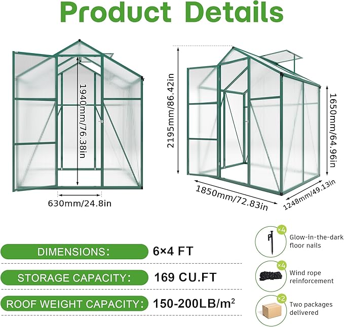 Greenhouse for Outdoors 6.1x4.1x7.2FT, Polycarbonate Green House with Roof Vent, Lockable Door and Ground Nails, Heavy Duty Aluminum Walk-in Greenhouse, Large Sunroom for Garden, Green