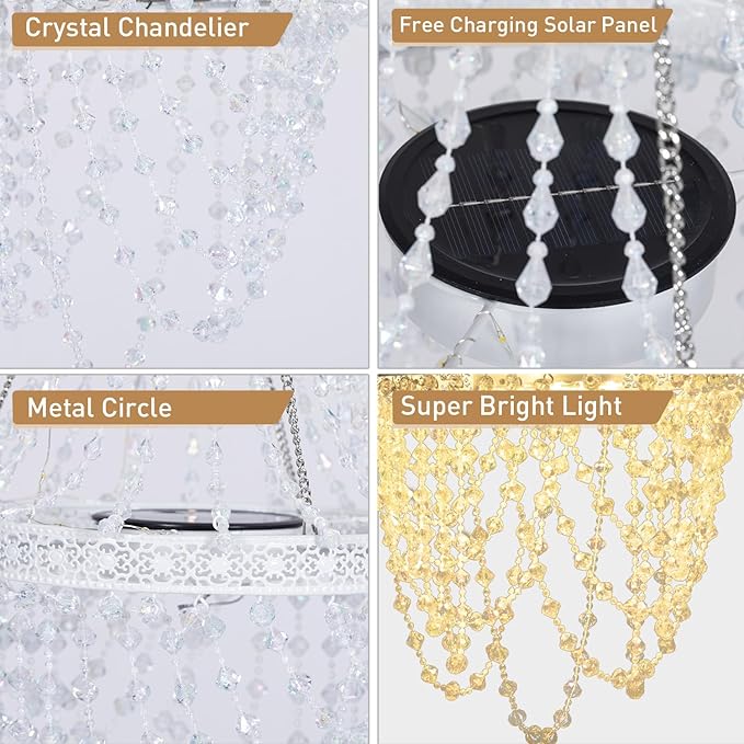 Solar Hanging Acrylic Crystal Chandelier Outdoor Garden Decorative Lights Powerful Lithium Battery 54 Warm LEDs Easy Hanging Waterproof Outdoor Lantern for Valentine Garden Gazebo, Party, Wedding,Tree