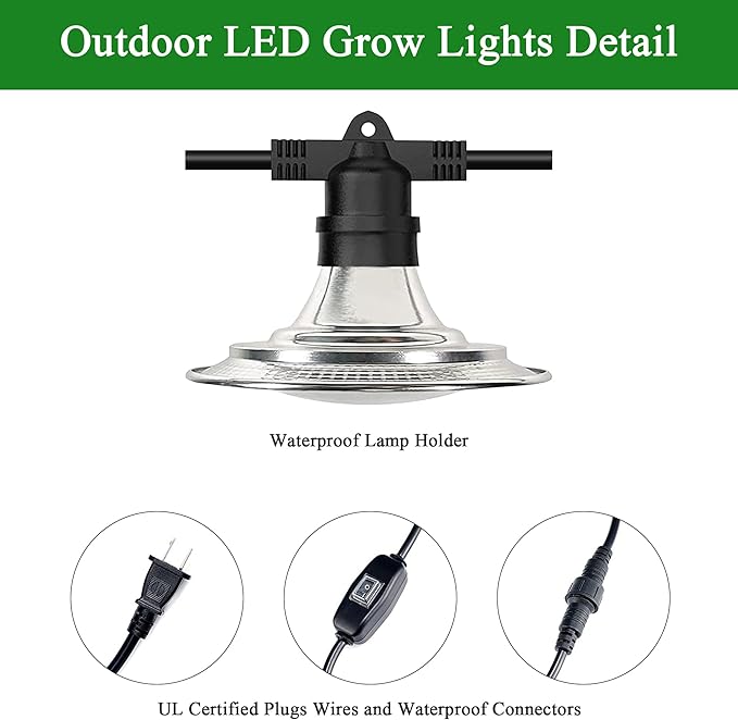 Outdoor LED Grow Lights, Waterproof String Plant Growing Light, 41 FT Full Spectrum Growth Light, Suitable for Garden, Farm, Flower, Seedling Greenhouse Grow Light (12 Lights)