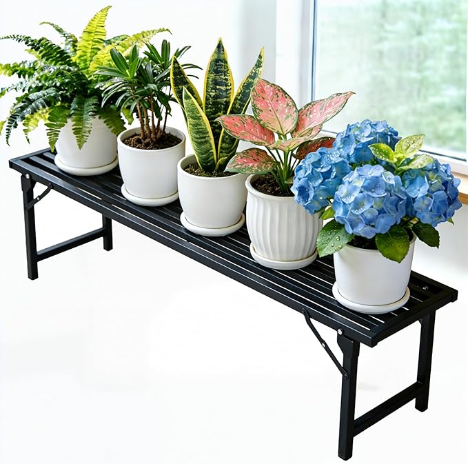 Single Tier Metal Plant Stand, Long Narrow Foldable Plant Stand for Indoor Outdoor, Heavy Duty Waterproof Plant Holder for Living Room Balcony Garden Window Patio，Plant Lovers, Display Stand (L33”xH11.7"xW9.7")