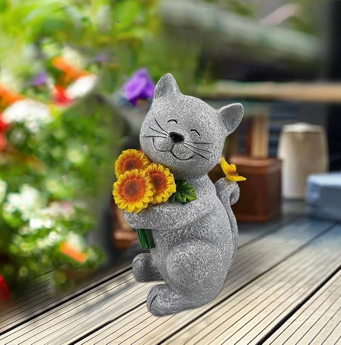 Garden Decor Cat Outdoor Statue with Solar Lights-Solar Garden Gnomes Decorations for Patio Lawn Yard Balcony with Lantern,Welcome Sign with Butterfly Flower, Birthday Gifts for Women Mom (Gray)