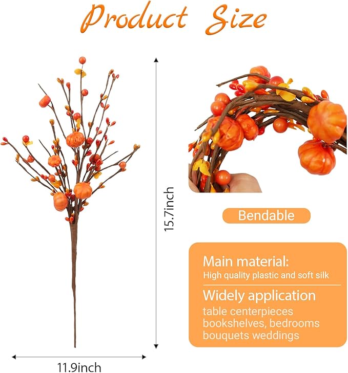4Pcs Fall Artificial Berry Stems Orange Pumpkin Picks Fall Floral Picks Autumn Decor Thanksgiving Harvest Home Vase Festival Pumpkin Decor Thanksgiving Decorations