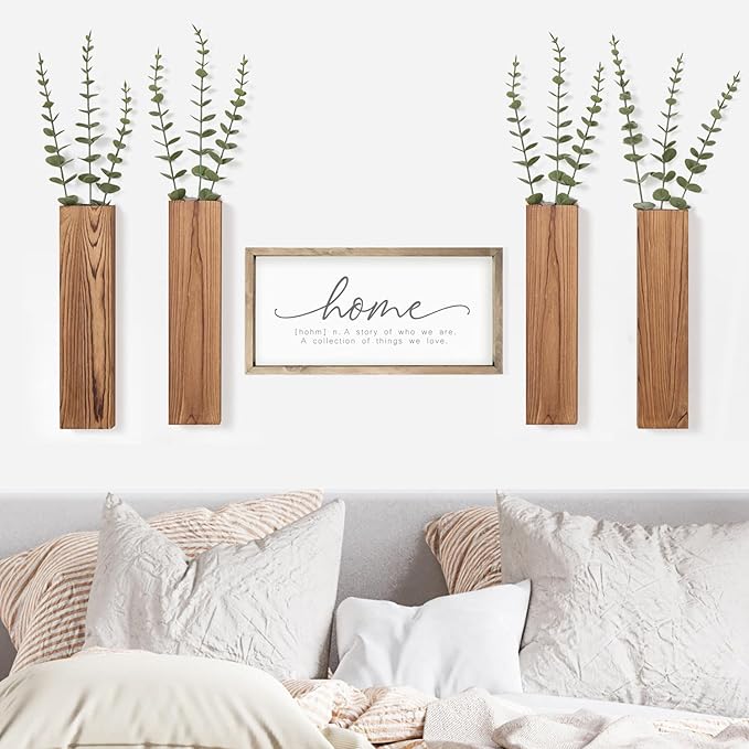 4 Pack Wooden Wall Planters with Fake Eucalyptus Stems, Modern Farmhouse Wood Vases Plants Wall Decor for Living Room, Bedroom, Bathroom (Dark Brown)