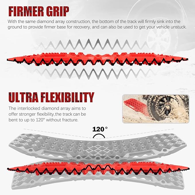 BUNKER INDUST Off-Road Traction Boards with Jack Base,Pair Recovery Track 4X4 Jeep Truck Emergency Tire Traction Mat with Bag -Sand, Mud, Snow Tracks Red Traction Pad (Gen 7th)
