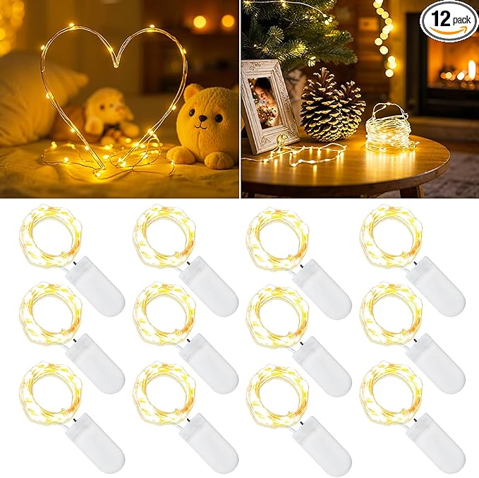 12-Pack Fairy String Lights, 7ft 20 LEDs Each, Battery Operated Copper Wire Lights, Warm White Decorative Lights for Wedding, Party, Christmas, Holiday Décor & DIY Crafts