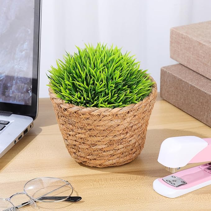 Alipis Seagrass Planter Basket: 5.11" Mini Woven Flower Pots with Leak-Proof Liner - Rattan Storage Basket Plant Container for Indoor Outdoor Garden Home Office Decor