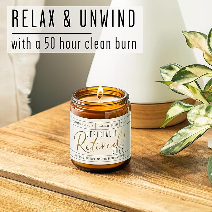 Retirement Gift for Woman - 'Officially Retired 2026' Candle, w/Champagne on Ice I Happy Retirement Gifts for Women 2025 I Retired Gifts for Women I 50Hr Burn, Made in USA
