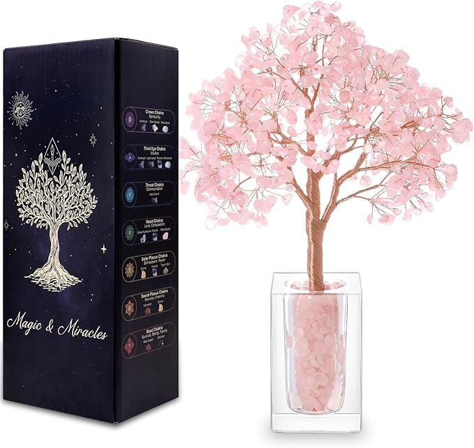 MAGIC AND MIRACLES Rose Quartz Crystal Trees of Life for Home Office Desk Deco, Pink Bonsai Tree, Christmas Housewarming Retirement Birthday Gifts New Home Meditation Yoga Gemstone Tree for Women