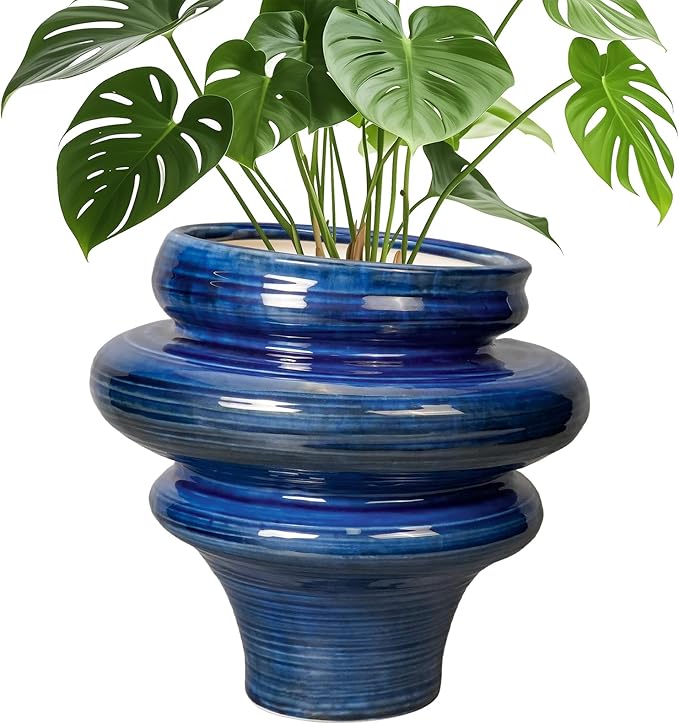 Teagas Ceramic Pots for Plants - 11 Inch Ceramic Planter with Drainage Hole, Unique Planters for Indoor Outdoor, Large Decorative Flower Pot, Home Office Room Decor, Gifts for Plants Lover, Blue