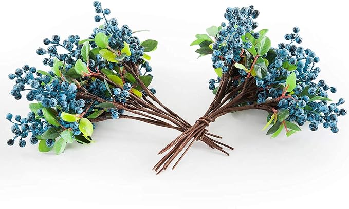 SHACOS Artificial Blue Berry Stems Pack of 20 Fake Blue Berries with Green Leaves 9.8 inch Fake Blueberries Picks for Christmas Decorations Crafts Holiday Home Decor Blueberry