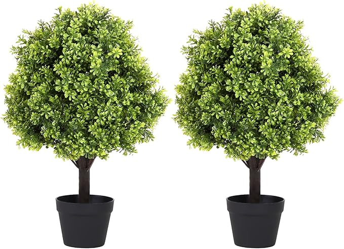Azoco 27“ Realistic Artificial Boxwood Topiary Trees Set of 2, Faux Plants Outdoor UV-Resistant, Fake Evergreen Bushes & Shrubs for Front Porch Outside Planter Decor