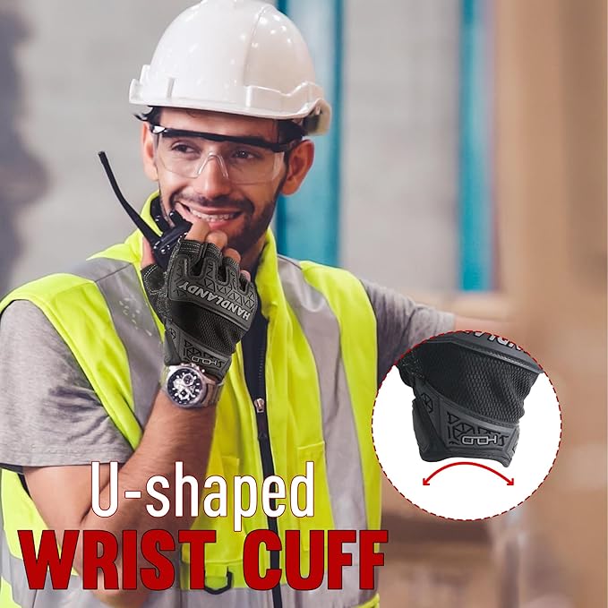 HANDLANDY Fingerless Work Gloves for Men, Padded Half Finger Tactical Mechanics Gloves, Utility Trucker Driver Gloves (Black, X-Large (Pack of 1))