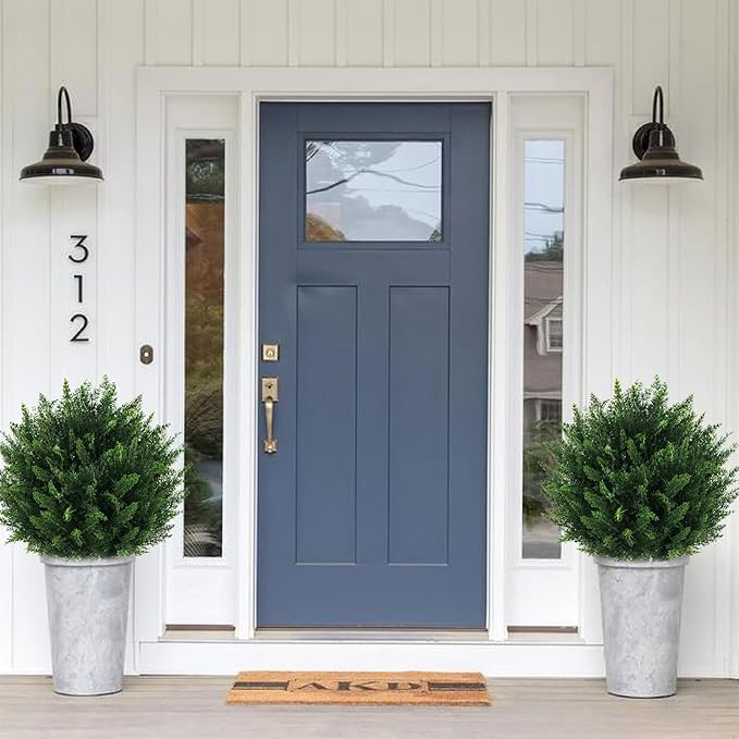Artificial Cedar Topiary Ball Tree with Ground Spike, Set of 4 UV Resistant Artificial Bushes for Outdoors Faux Shrubs, Weatherproof Fake Round Cypress Ball Bushes Plant for Front Porch