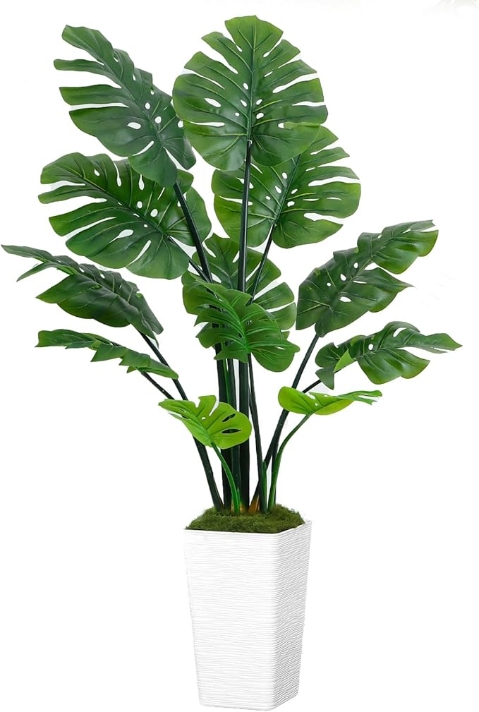 5FT Artificial Monstera Plant Realistic Faux Monstera Plant with Tall White Planter and Thread Moss, Lifelike Indoor Outdoor Artificial Tree for Living Room, Bedroom, Office, Housewarming Decor