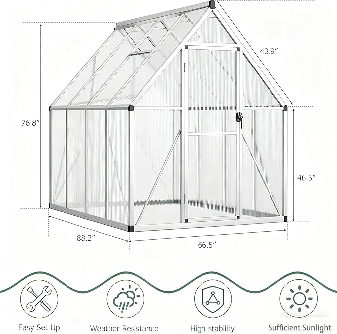 6x7 Ft Sturdy Greenhouse with Roof Vent, Polycarbonate Greenhouse with Lockable Door, Aluminum Large Walk-in Green House for Outside Garden Backyard, Patio, Lawn, and Garden