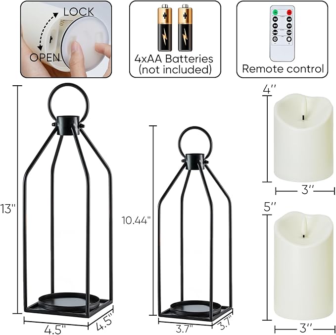 Homemory Modern Farmhouse Lantern Decor with Waterproof Flameless Candle & Remote Timer, 2PCS Black Metal Candle Lantern Decorative for Outdoor Indoor Home Living Room Patio Porch Table
