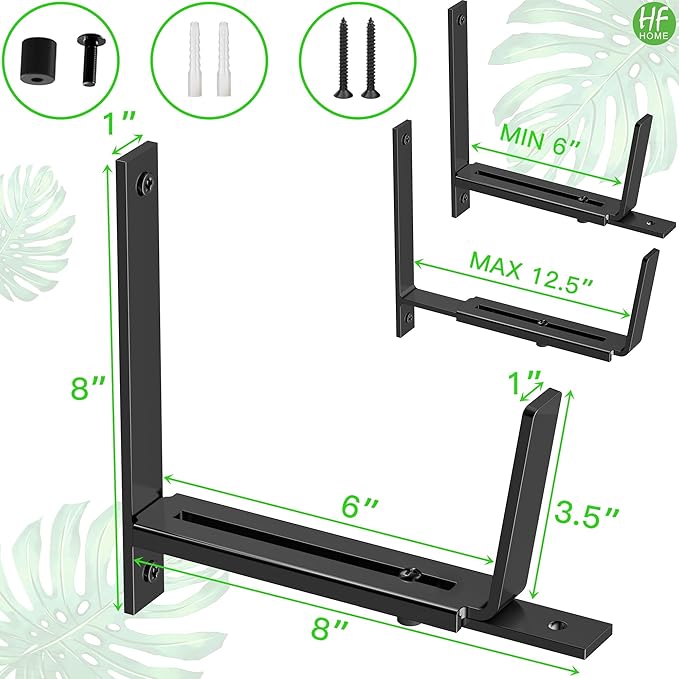 HFHOME 6 PCS Adjustable Planter Box Brackets (6 to 12.5 in), Universal Window Box Brackets, Heavy Duty Metal Flower Box Wall Mounting Hooks for Balcony, Fences, Patio, and Garden - Black