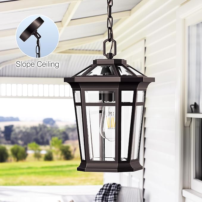 VIANIS Large Outdoor Pendant Light, Oil Rubbed Bronze Outside Hanging Lights, Hanging Porch Light Fixture with Adjustable Chain, 100% Aluminum Waterproof Anti-Rust Ceiling Lighting for House, Doorway