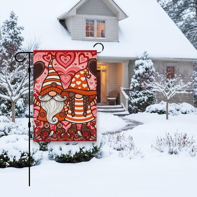 Valentines Garden Flag 12X18 Inch Linen Cute Gnome Flags Banners for Home Outdoor Decor Yard Patio Lawn Decorations Yard Flags Happy Valentine's Day Banner Garden Outside Linen
