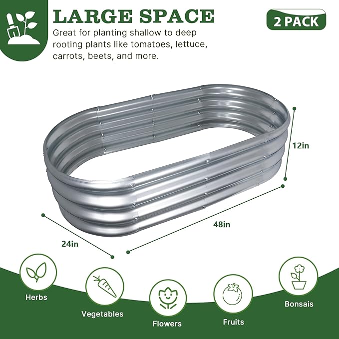 4x2x1 ft Galvanized Raised Garden Bed Outdoor, 2-Pack 12" Tall Metal Planter Boxes for Planting Vegetables, Flowers, Herbs, Tomato - Corrugated Rust-Resistant Elevated Garden Beds Kit, Silver