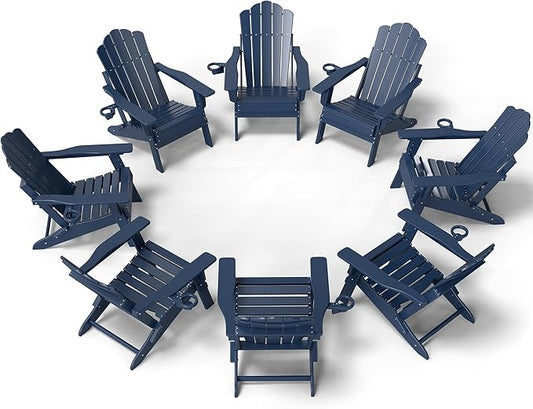 FOOWIN HDPE Adjustable Adirondack Chair Set of 8, 400lbs Heavy Duty Folding Patio Chairs with Cup Holder, 3-Position Reclining Fire Pit Seating, All-Weather Poly Lumber for Backyard, Deck - Navy Blue