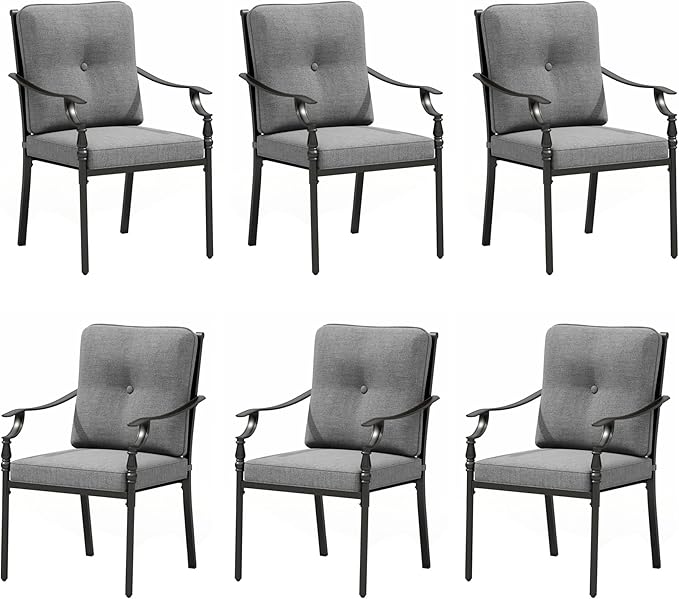 MFSTUDIO Outdoor Patio Dining Chairs Set of 6, Heavy-Duty Patio Chairs with Cushions, Wrought Iron Deck Chairs for Outside, Backyard, Garden