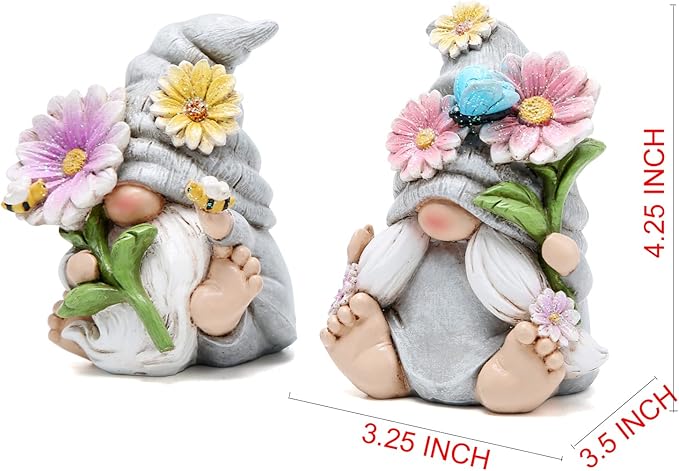 Hodao Set of 2 Spring Gnome Decorations Flower Gnomes Ornaments Decor Summer Outdoor Figurines Spring Elves for Porch, Garden Yard, Flower Bed Garden Gifts for Women, Mom