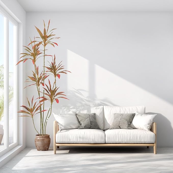 Artificial Cordyline Plant, Indoor Potted Plant, 6 Stems with Black Planter, Suitable for large indoor living room decorations, potted plants, and window display scenes (Red-7ft)